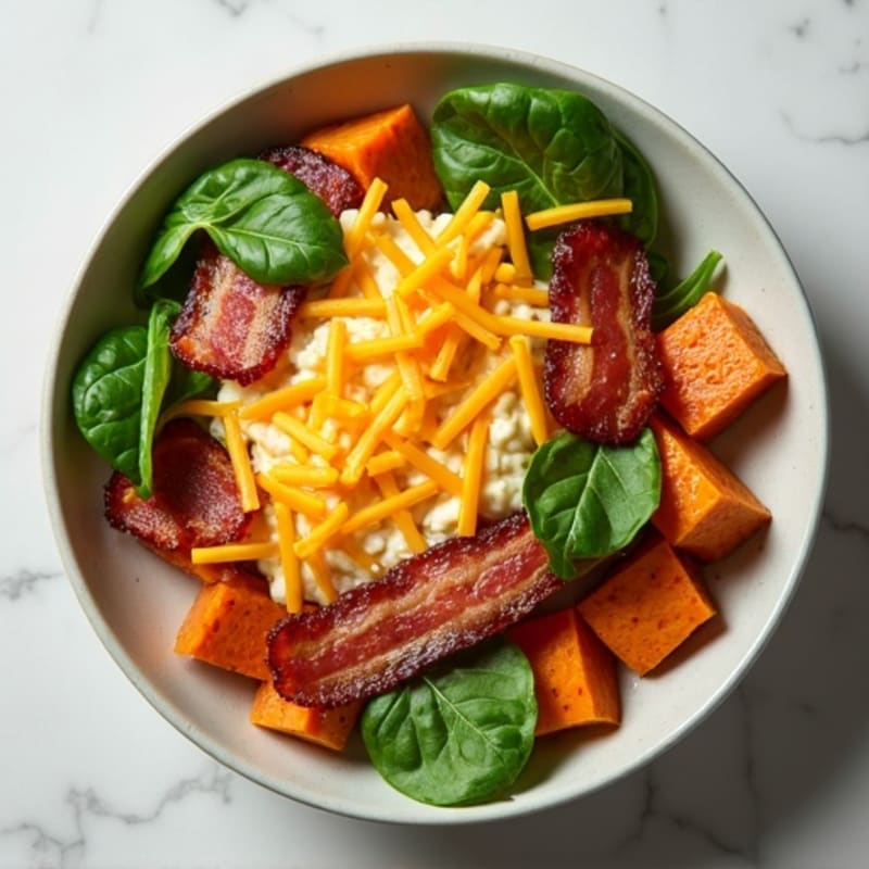 Sweet Potato Bowl with Crispy Turkey Bacon and Creamy Cheesy Sauce