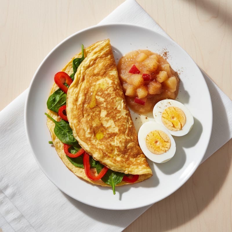 Veggie Omelette with Boiled Eggs and Fresh Apple Sauce