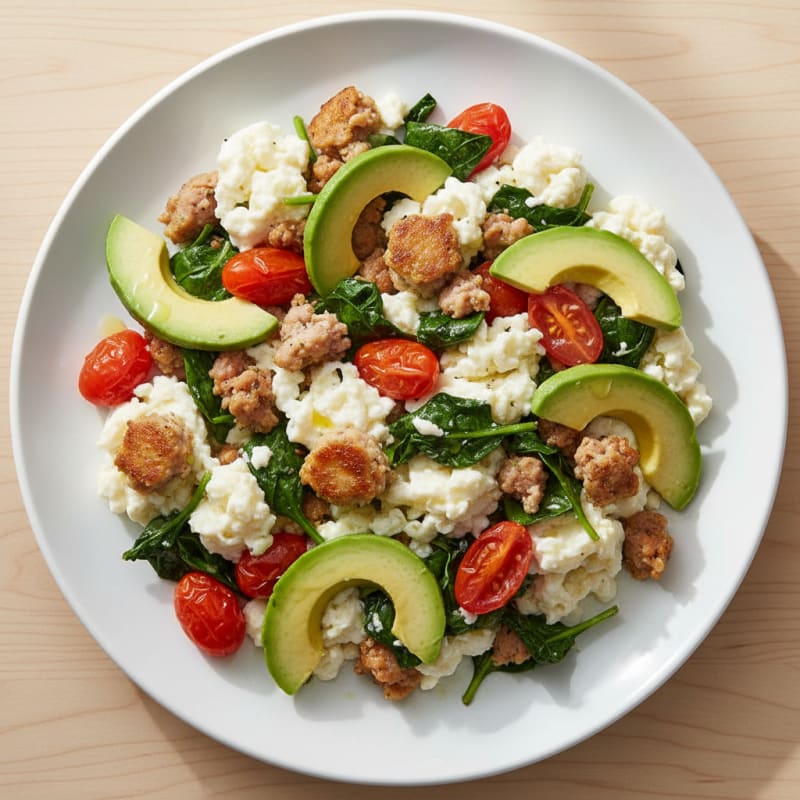 Egg White and Turkey Sausage Scramble with Spinach and Tomatoes