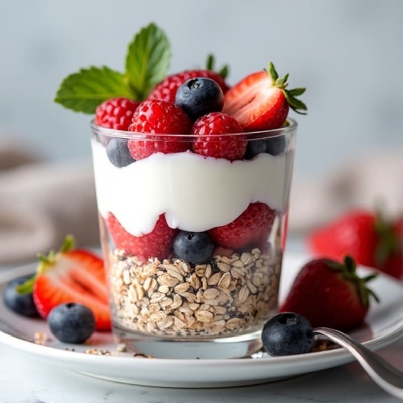 Greek Yogurt Protein Parfait with Mixed Fruit and Chia Seeds