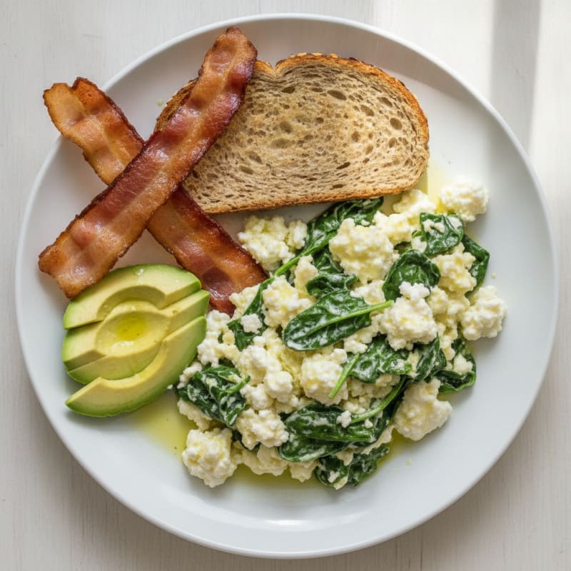 Cottage Cheese Egg White Scramble with Spinach and Turkey Bacon