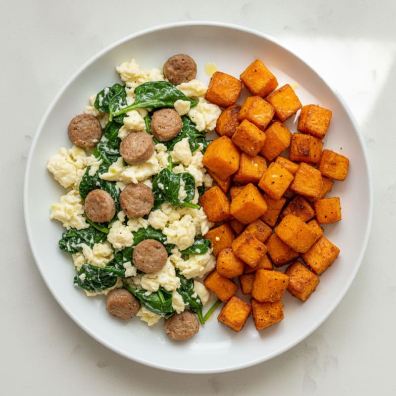 Egg White and Turkey Sausage Scramble with Spinach and Roasted Sweet Potatoes