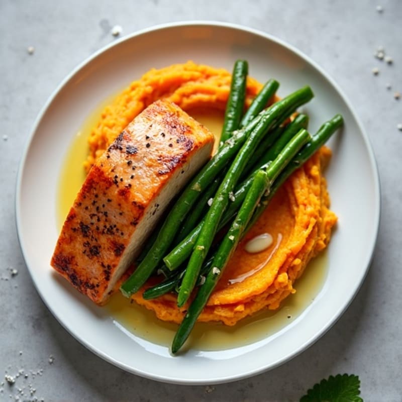 Seared Salmon with Garlic Green Beans and Sweet Potato Mash