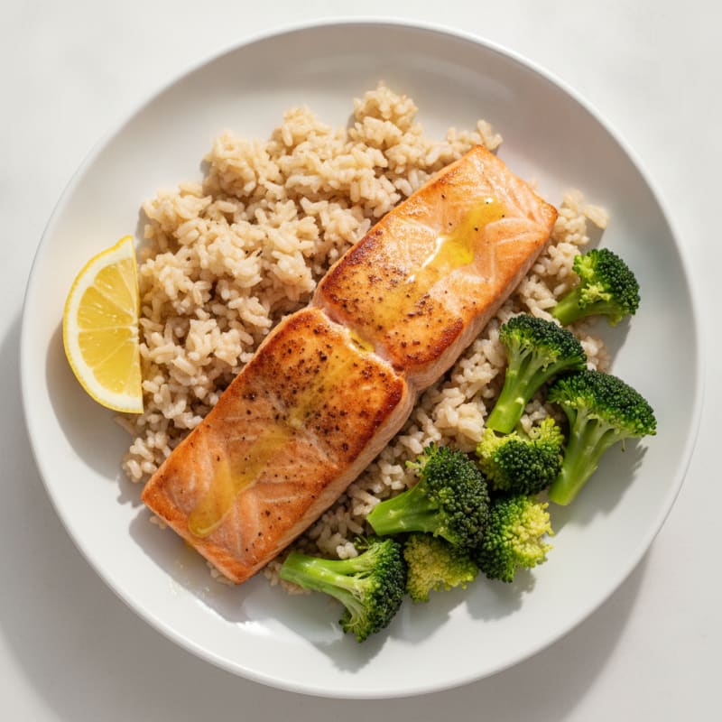 Seared Salmon Fillet with Steamed Broccoli and Brown Rice