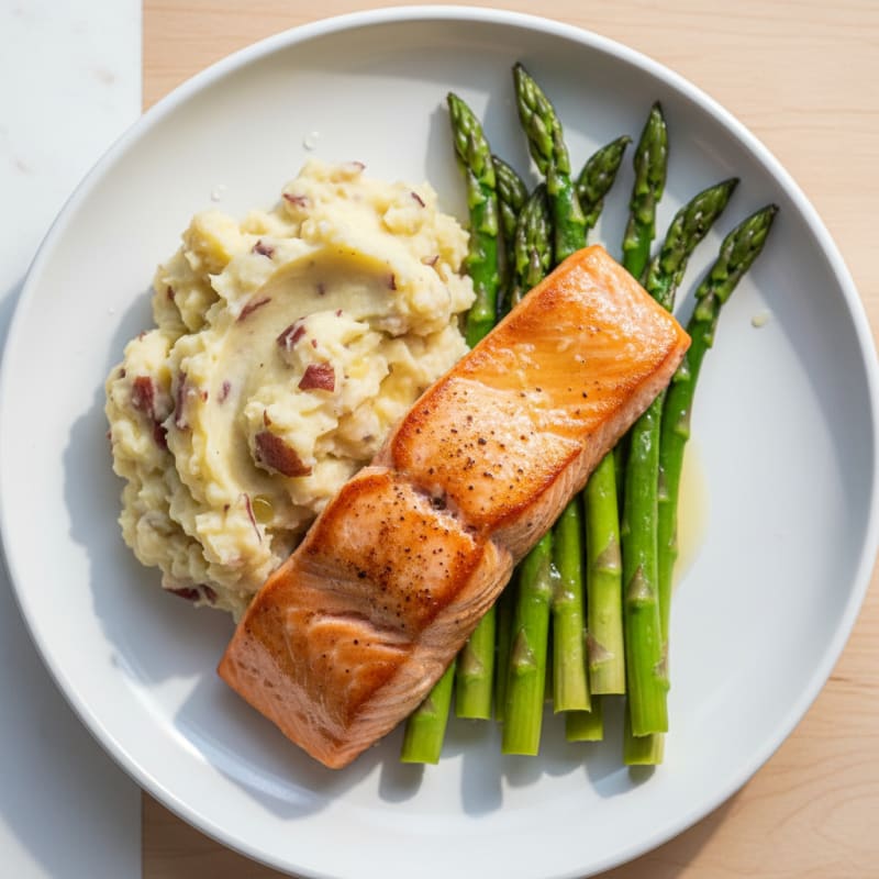Seared Salmon with Steamed Asparagus and Garlic Mashed Potatoes