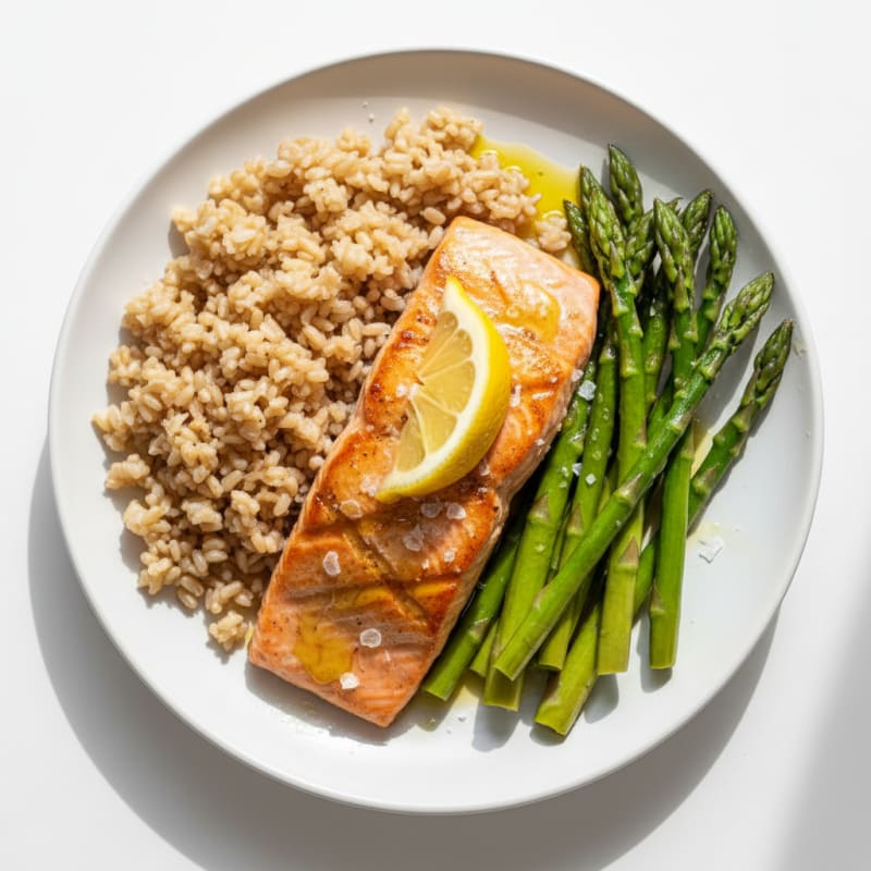 Seared Salmon with Steamed Asparagus and Brown Rice