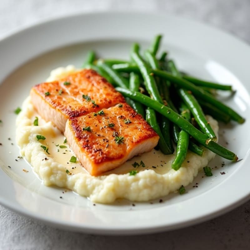 Seared Salmon Fillet with Garlic Green Beans and Cauliflower Mash