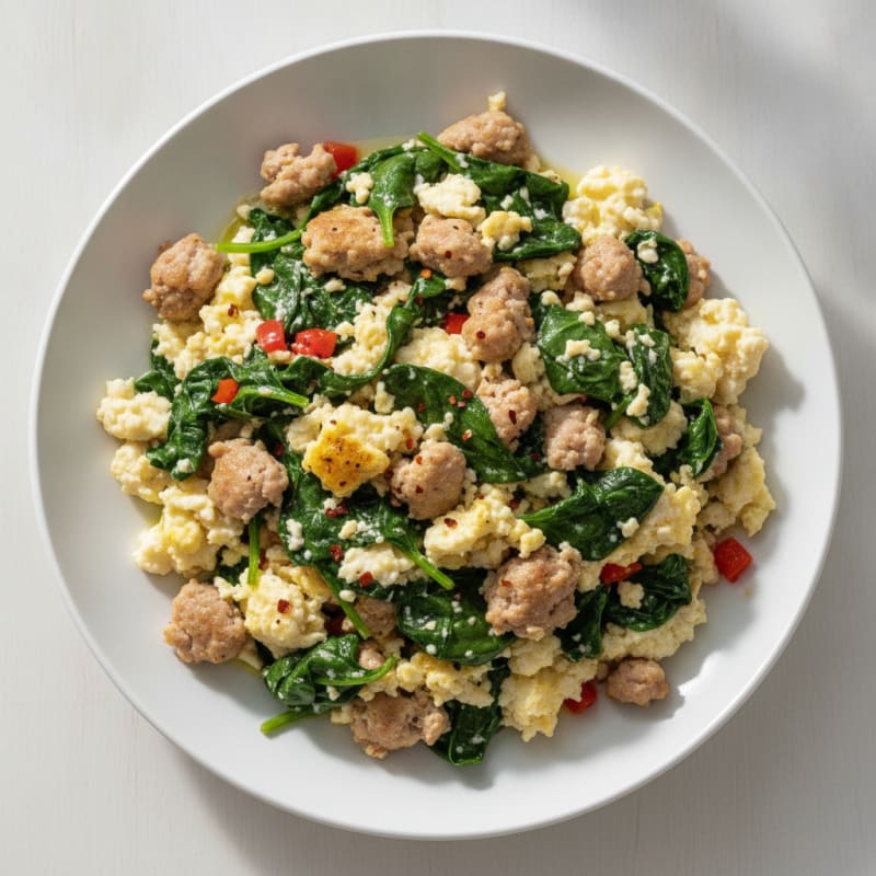 Egg White and Turkey Sausage Scramble with Sautéed Spinach