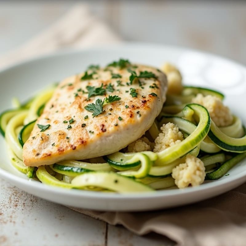 Creamy Cauliflower Alfredo Chicken with Zucchini Noodles