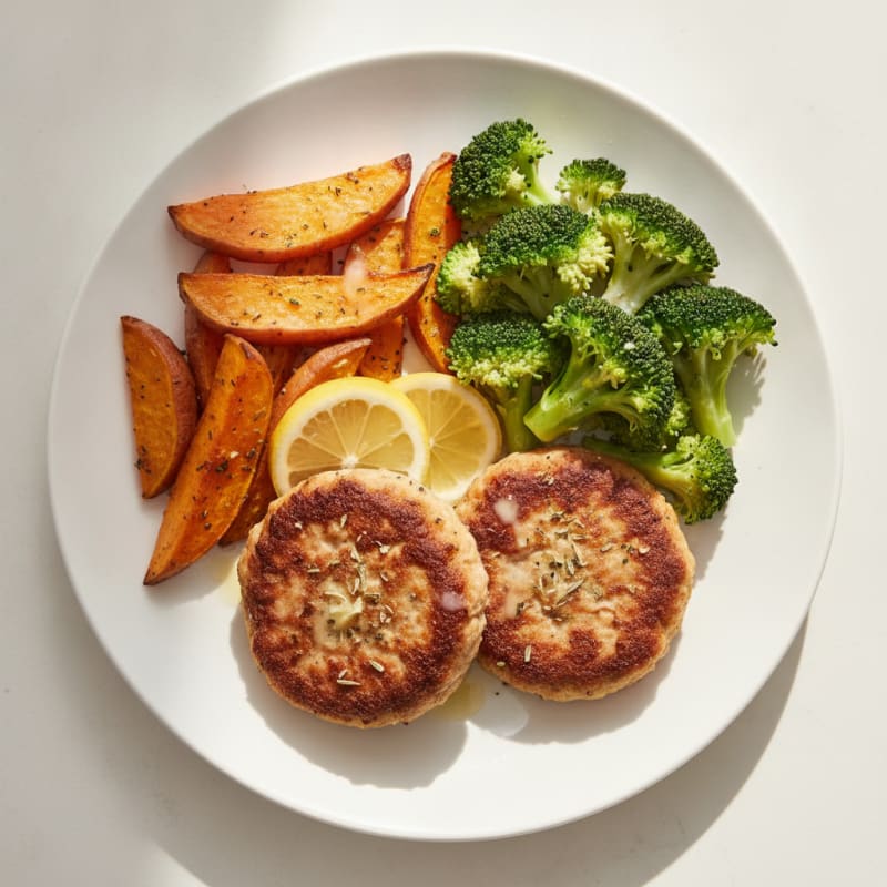 Seared Turkey Patties with Roasted Sweet Potato and Steamed Broccoli