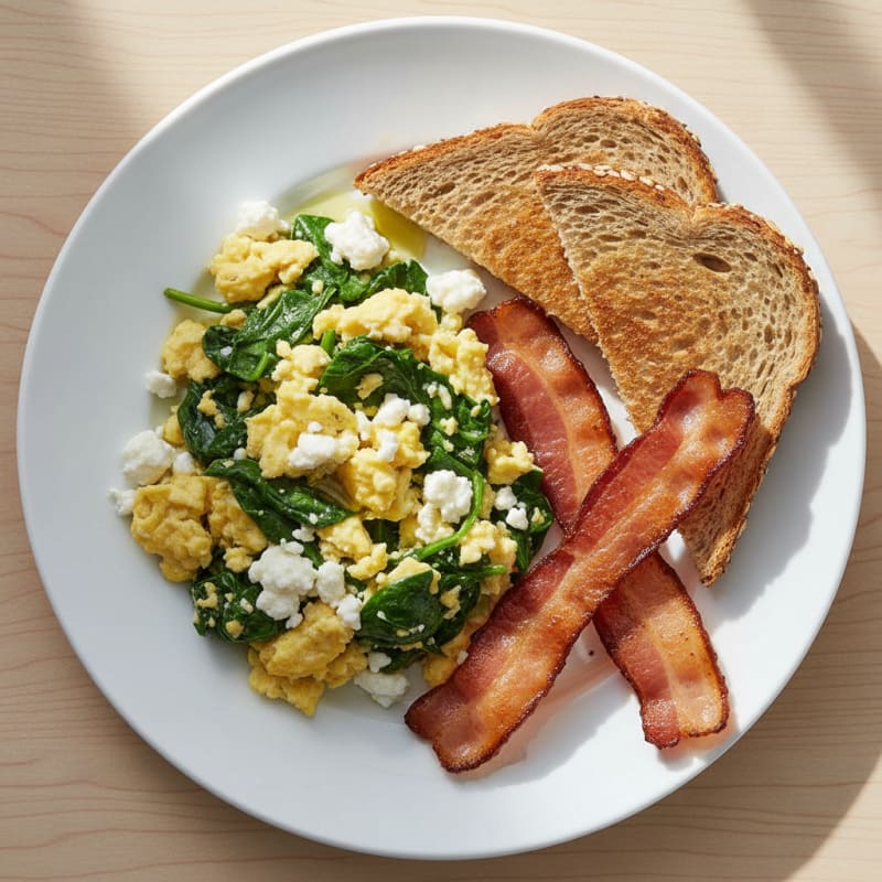 Cottage Cheese Scramble with Spinach and Turkey Bacon