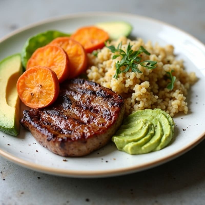 Seared Beef Steak with Creamy Avocado Quinoa and Roasted Sweet Potato