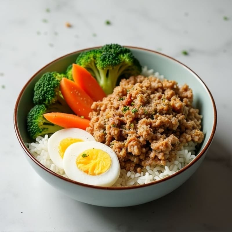 Ground Turkey and Rice Bowl with Steamed Broccoli and Carrots