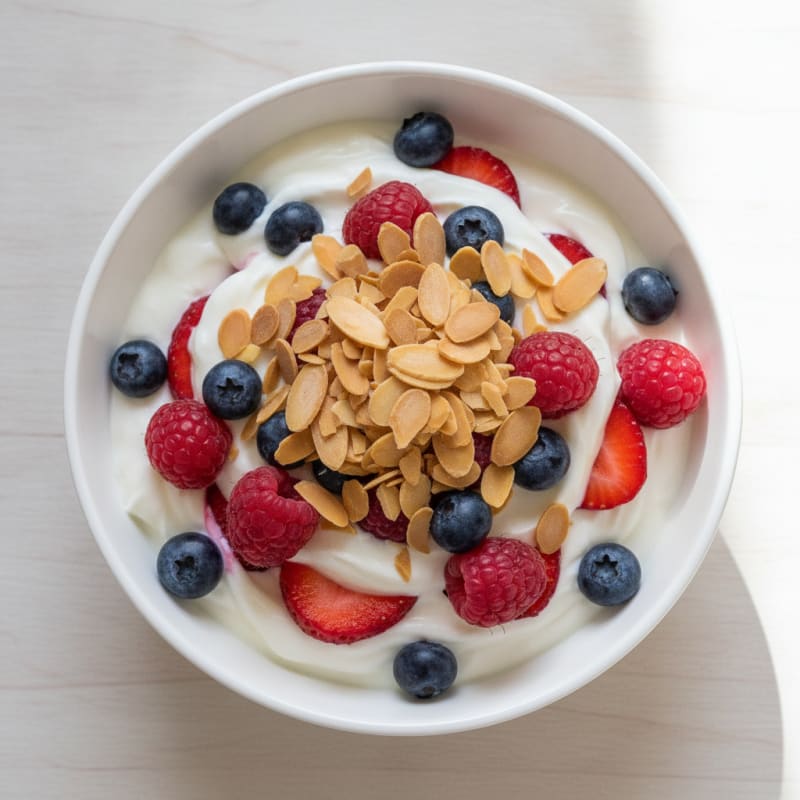 Greek Yogurt Protein Parfait with Mixed Berries and Almonds