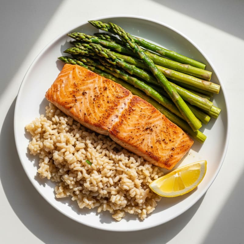 Seared Salmon with Steamed Asparagus and Brown Rice