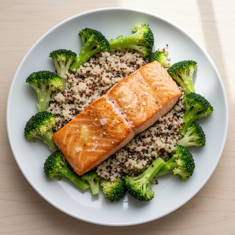 Seared Salmon with Steamed Broccoli and Quinoa