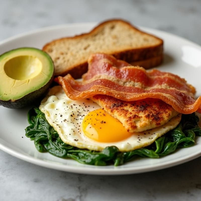 Crispy Chicken and Egg White Scramble with Sautéed Spinach