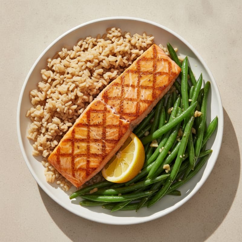 Seared Salmon with Garlic Green Beans and Brown Rice