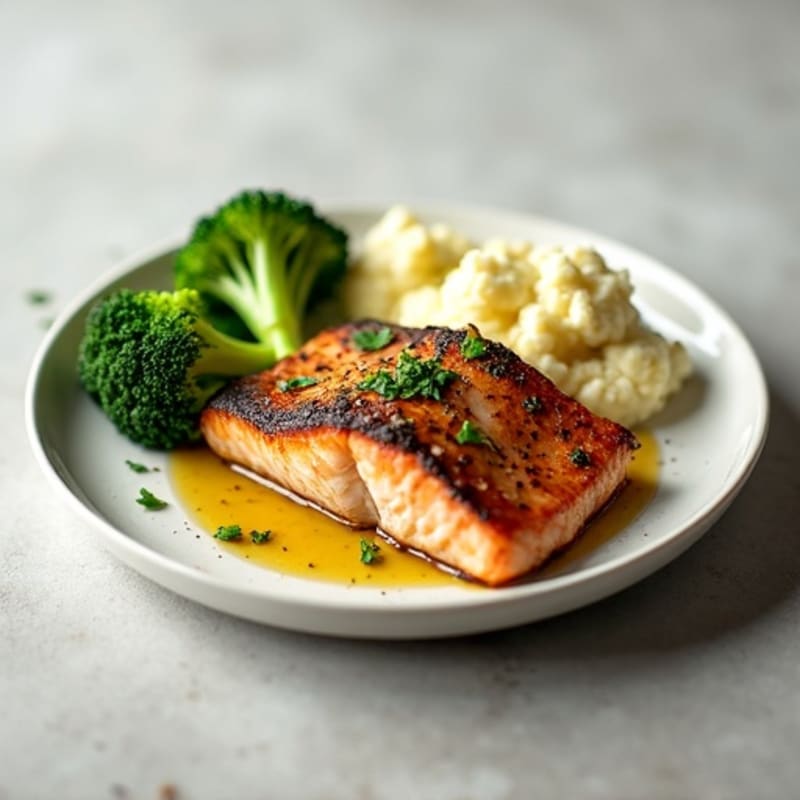 Seared Salmon Fillet with Steamed Broccoli and Garlic Cauliflower Mash