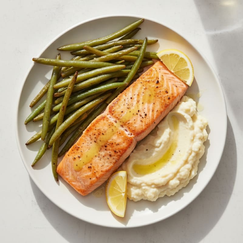 Seared Salmon Fillet with Roasted Green Beans and Mashed Cauliflower