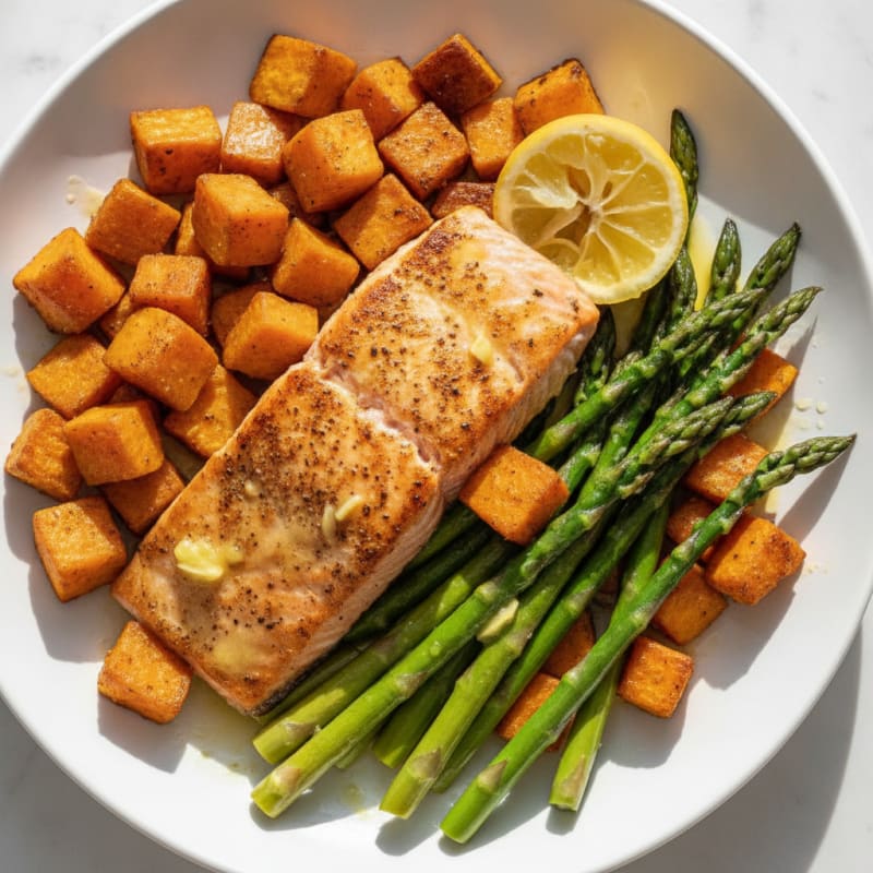 Seared Salmon with Roasted Sweet Potato and Asparagus