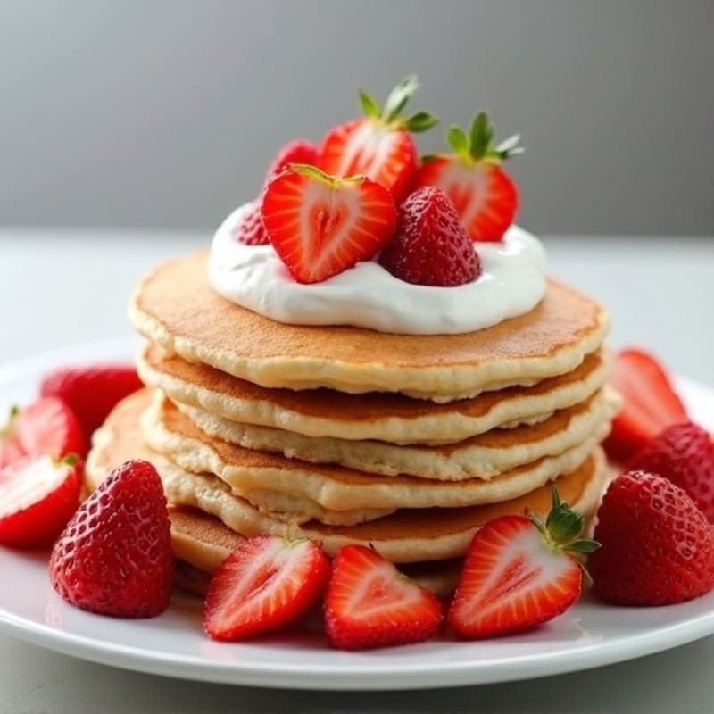 Fluffy Protein Pancakes with Fresh Sliced Strawberries and Whipped Greek Yogurt