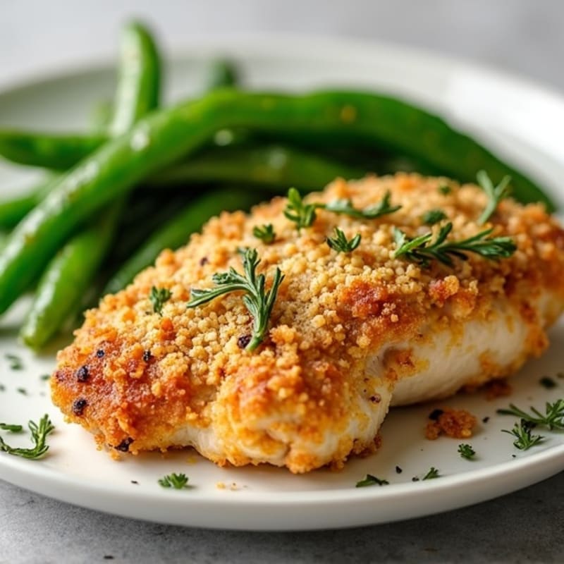 Crispy Garlic Herb Crusted Chicken with Roasted Green Beans