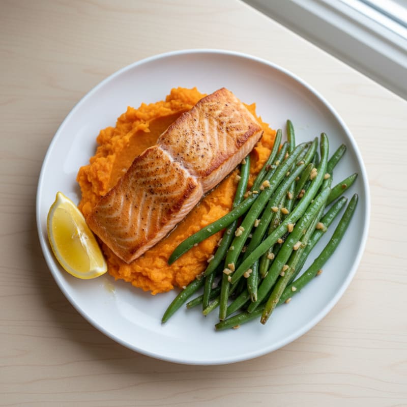 Seared Salmon with Garlic Green Beans and Sweet Potato Mash
