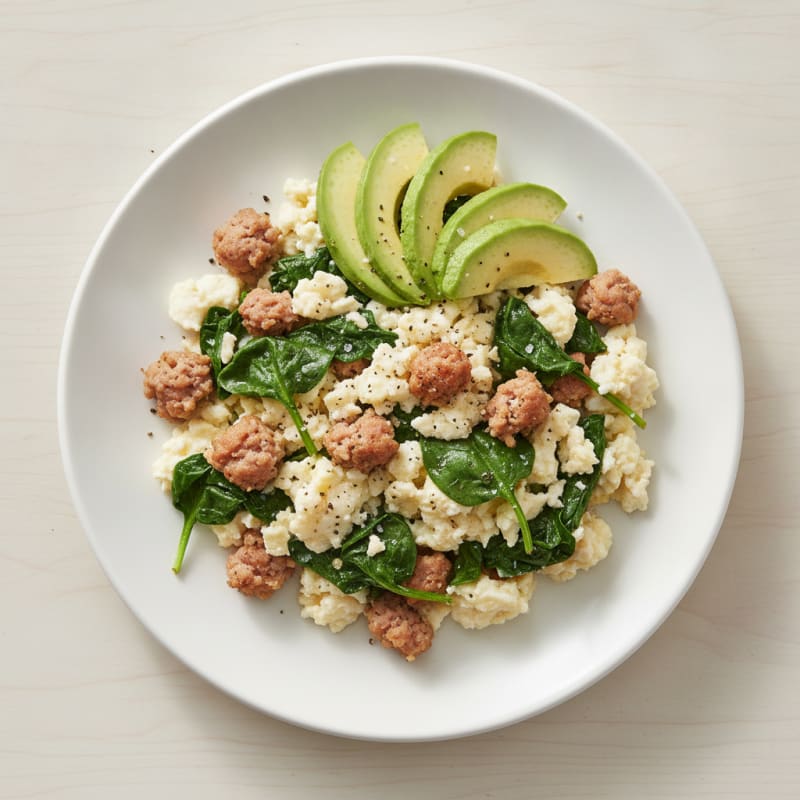 Egg White Scramble with Turkey Sausage and Sautéed Spinach
