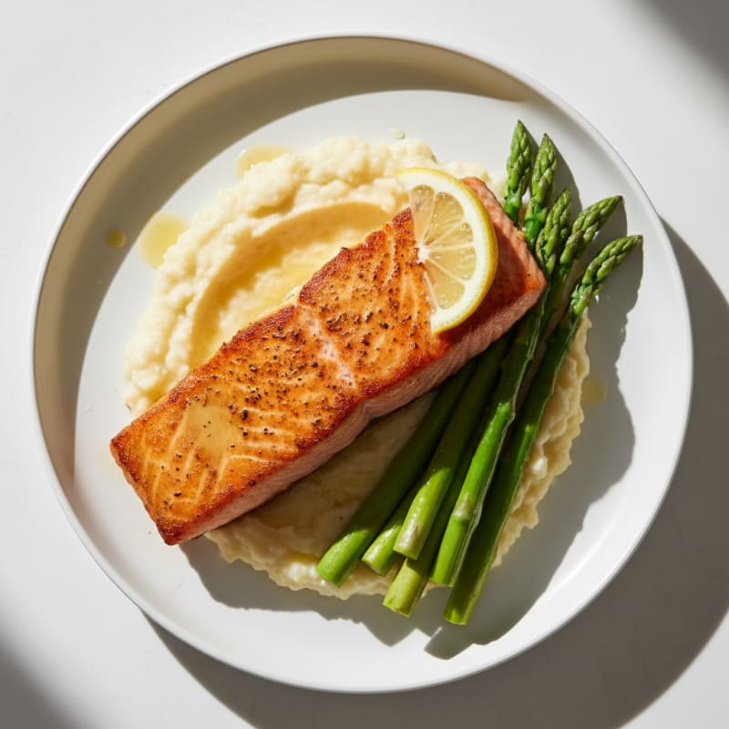 Seared Salmon with Steamed Asparagus and Cauliflower Mash