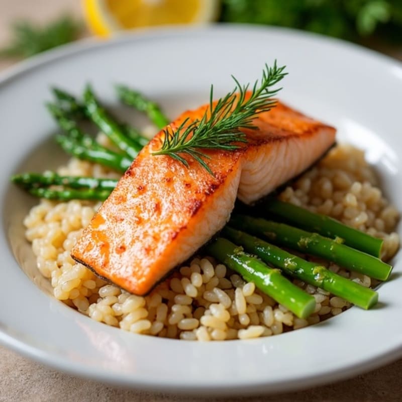 Seared Salmon with Steamed Asparagus and Lemon-Herb Brown Rice