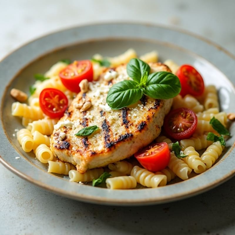 Creamy Pesto Chicken with Whole Wheat Pasta and Blistered Tomatoes
