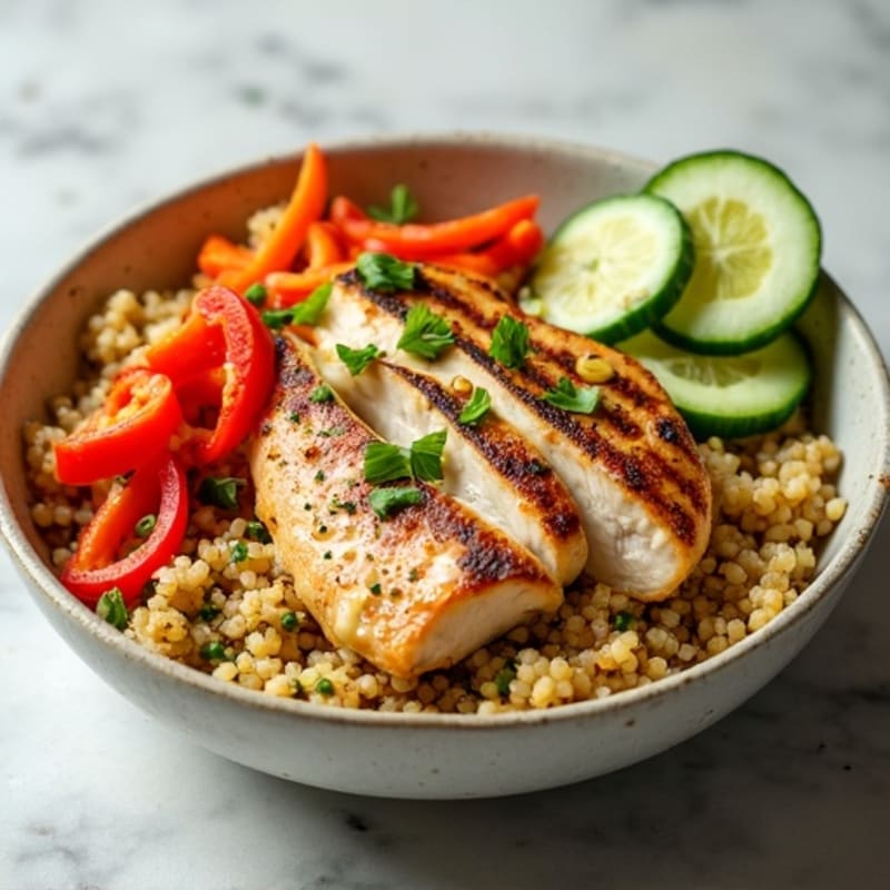 Grilled Chicken and Quinoa Bowl with Crunchy Vegetables and Lemon-Tahini Drizzle