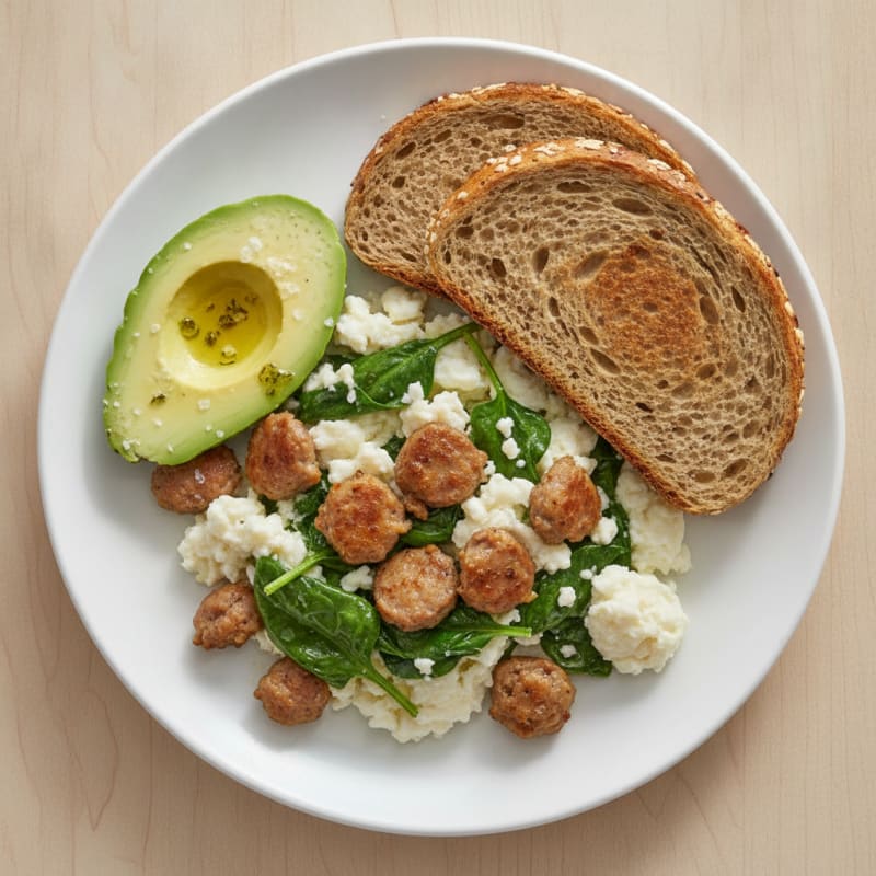 Egg White and Spinach Scramble with Turkey Sausage