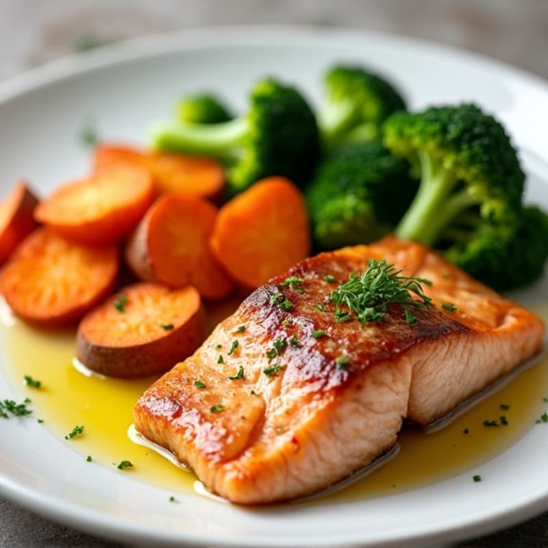 Seared Salmon with Roasted Sweet Potatoes and Steamed Broccoli