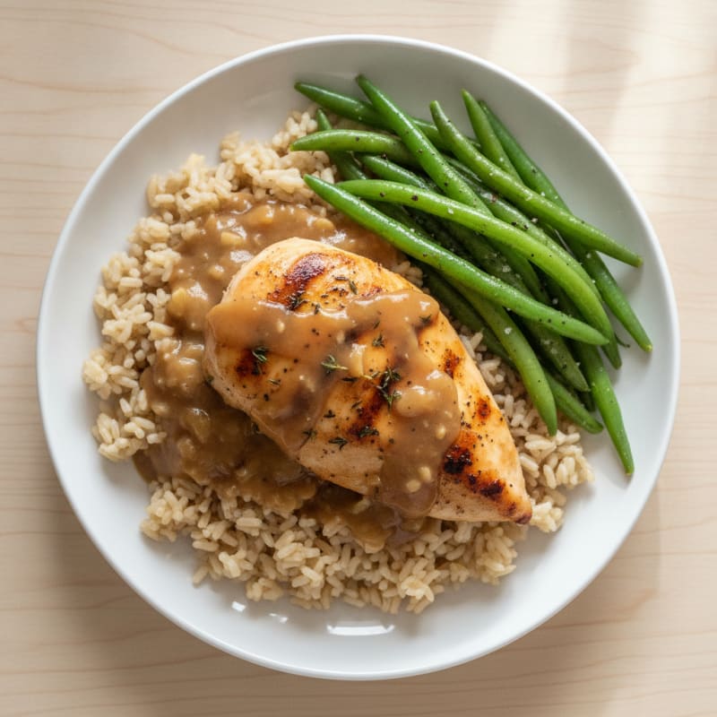 Baked Chicken with Savory Herb Rice and Gravy