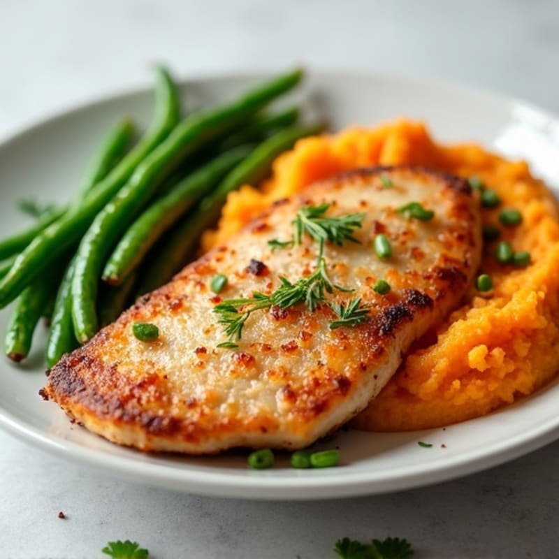 Seared Turkey Cutlets with Garlic Green Beans and Sweet Potato Mash