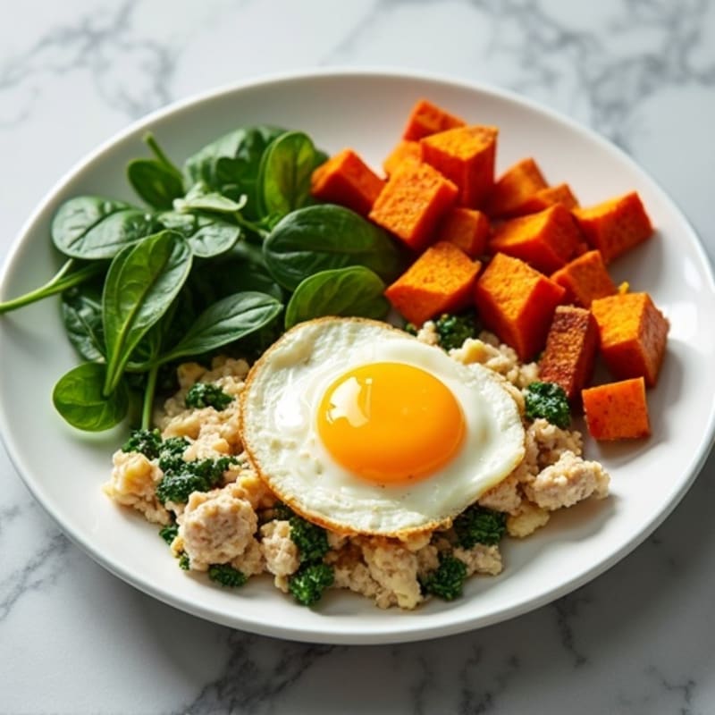 Egg White and Turkey Spinach Scramble with Roasted Sweet Potatoes