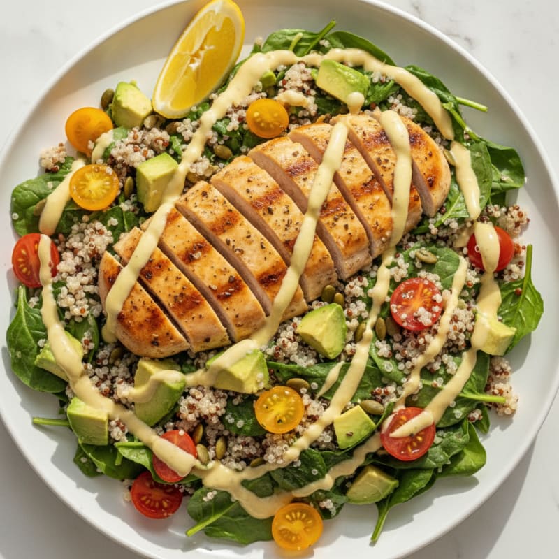 Grilled Chicken Breast with Creamy Quinoa Spinach Salad