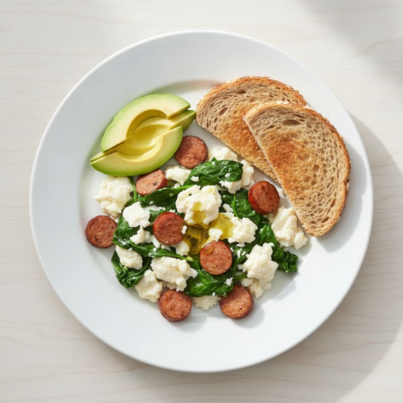 Egg White Spinach Scramble with Turkey Sausage