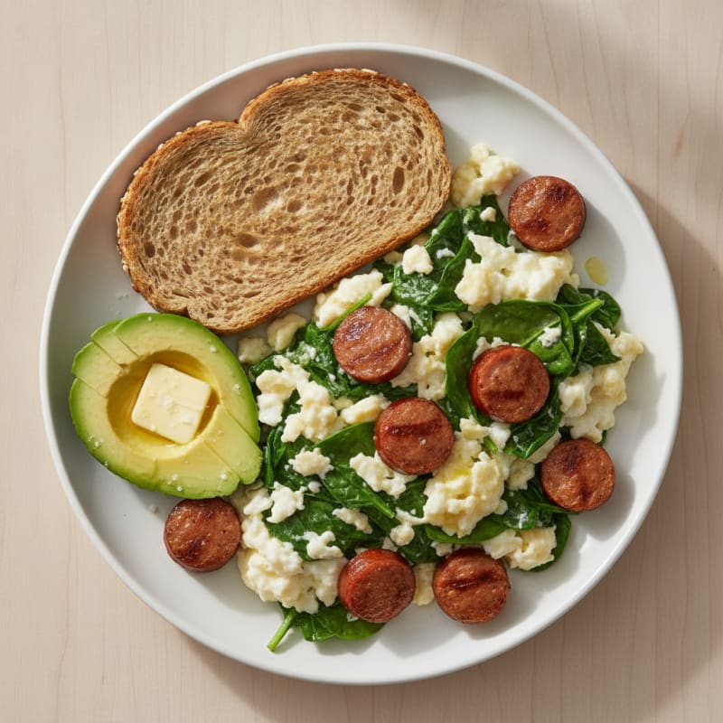Egg White and Spinach Scramble with Turkey Sausage