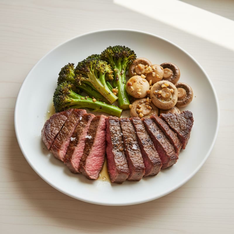 Seared Lean Beef with Roasted Broccoli and Garlic Mushrooms