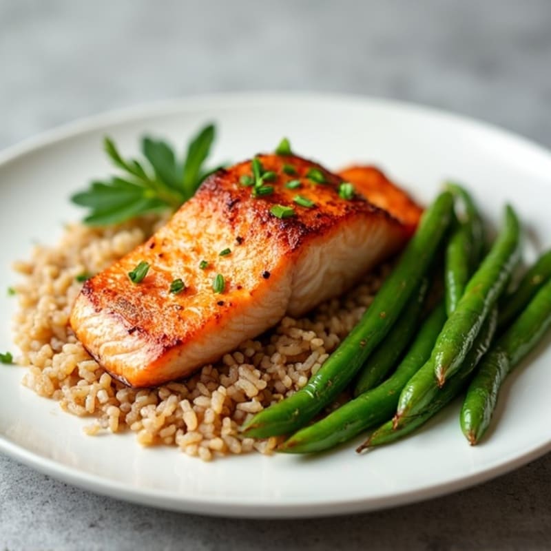 Seared Salmon with Steamed Green Beans and Brown Rice