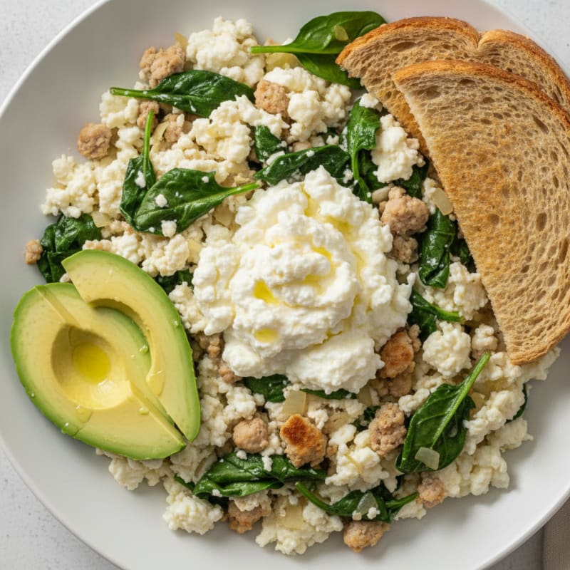 Egg White and Turkey Spinach Scramble with Cottage Cheese