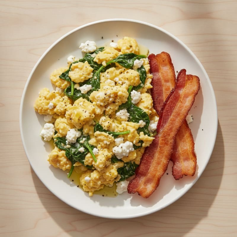 Cottage Cheese Scramble with Spinach and Turkey Bacon