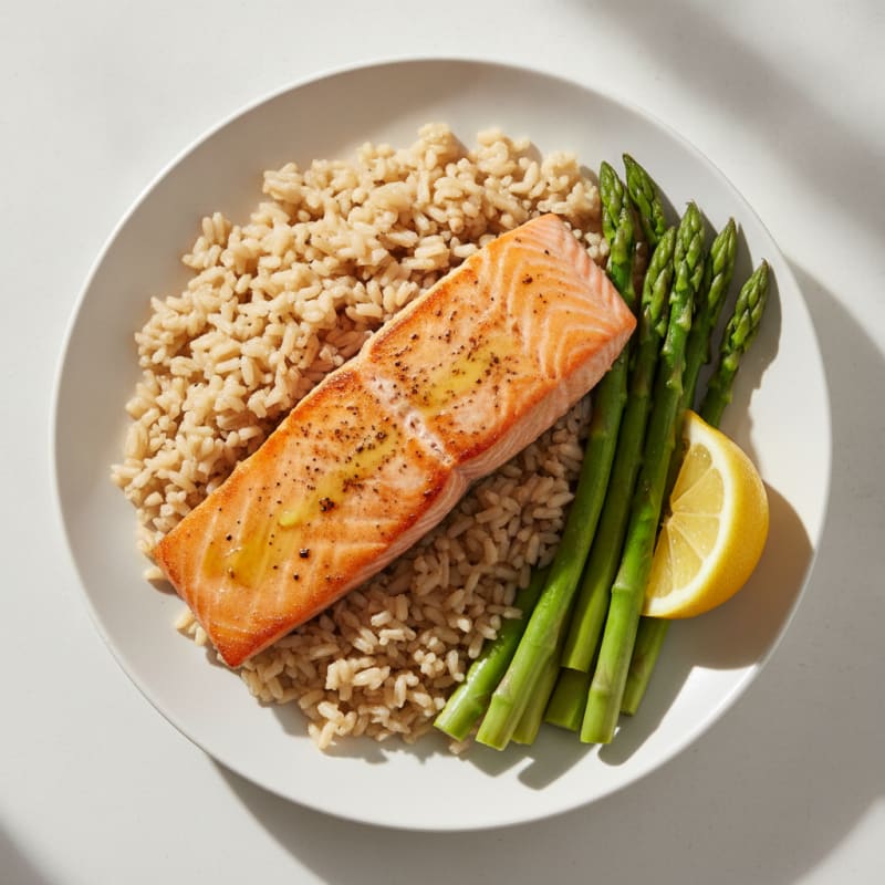 Seared Salmon with Steamed Asparagus and Brown Rice
