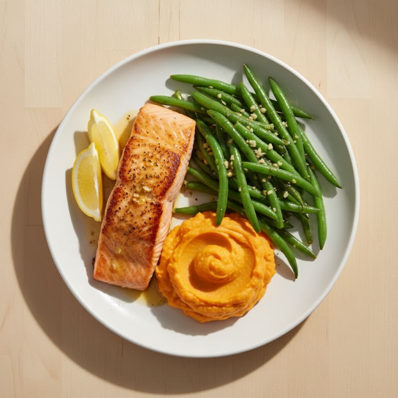 Seared Salmon with Garlic Green Beans and Sweet Potato Mash