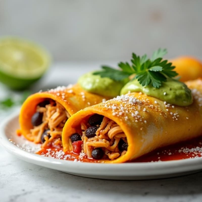Shredded Chicken and Black Bean Enchiladas with Creamy Avocado Sauce