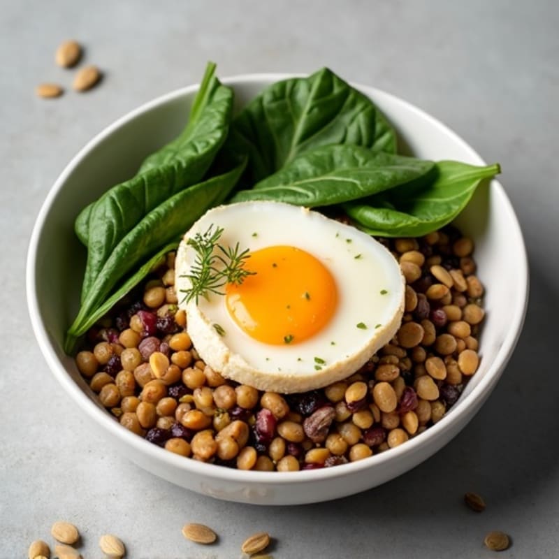 Silky Tofu and Lentil Breakfast Bowl with Spinach and Pumpkin Seeds