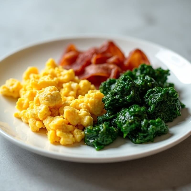 Cottage Cheese Egg Scramble with Sautéed Spinach and Turkey Bacon
